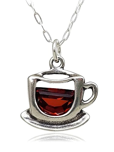 Sterling Silver Coffee Cup Teacup with Red Cubic Zirconia Charm Necklace 18