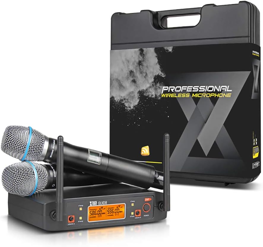 XTUGA GLXD8 Rocket Audio UHF Microphone System with Carry case 2 Metal handhled MIC Box for Stage Church Use for Family Party, Church, Small Karaoke Night (G)