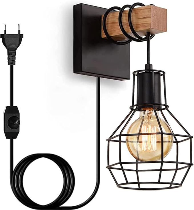 Liyabber Wandlamp Binnen Dimbare Vintage Wandlamp Zwart Industriële Retro Lamp E27 van Metaal en Hout met Schakelkabel en Stekker voor Trappenhuis Slaapkamer Restaurant Woonkamer (Zonder Gloeilamp)