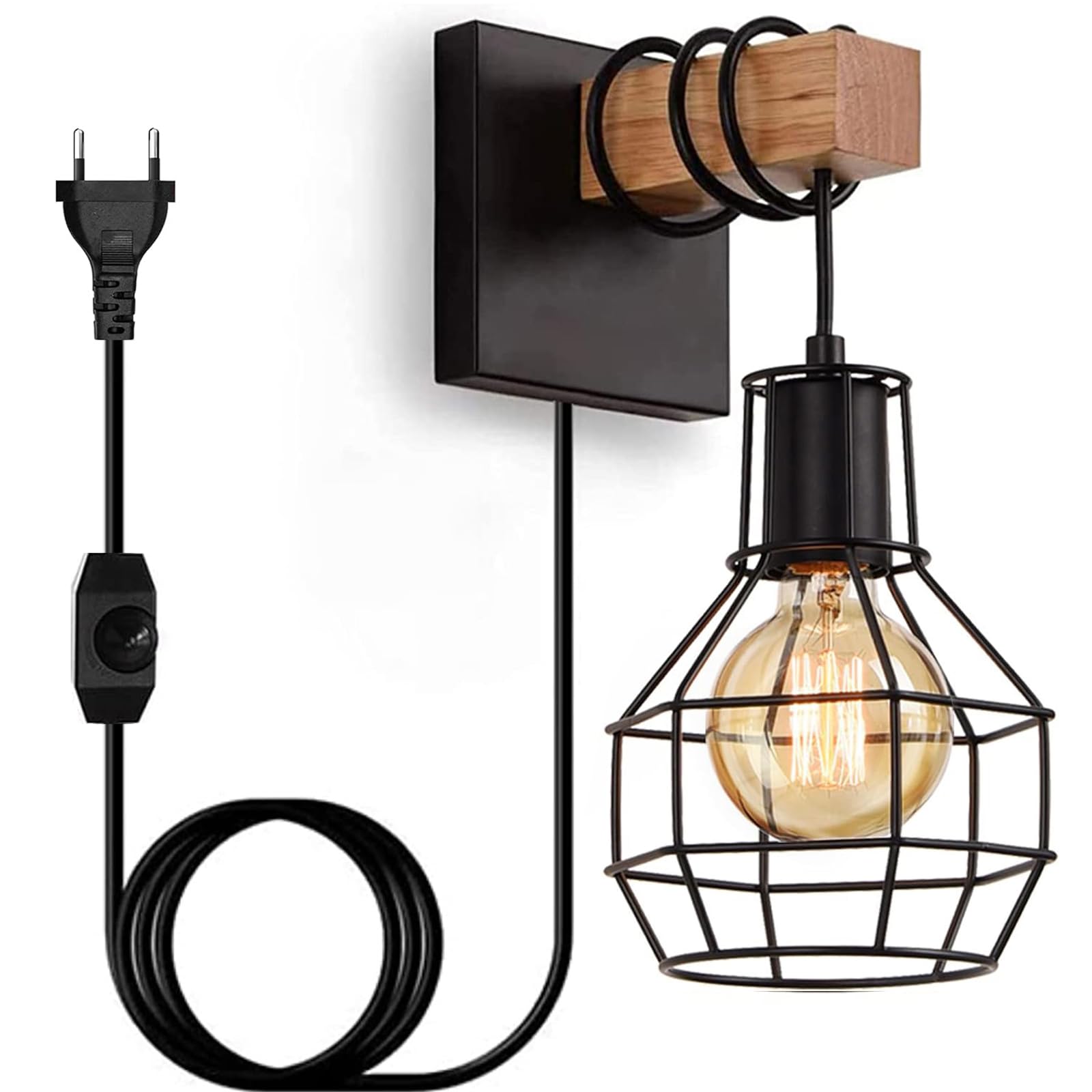 Wandleuchte Innen Vintage Wandlampe mit Stecker, Schwarz Industrial Retro Lampe mit Dimmbar Schalter, E27 Holz Metall Käfig Wandleuchten für Schlafzimmer Treppenhaus Wohnzimmer (Ohne Glühbirne)
