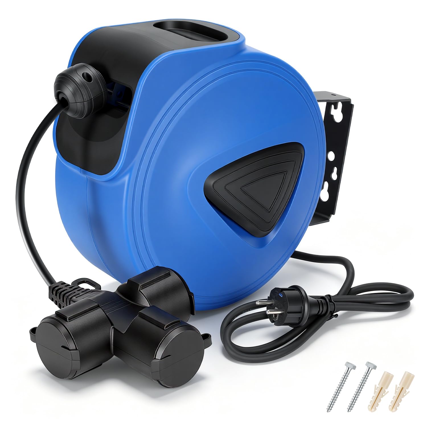 Fiqops Cable alargador automático 20m +1,5m, enrollador de cable para montaje en pared,giro lateral de 180°,para taller y almacén,con función de apisonamiento(enchufe tripolar)