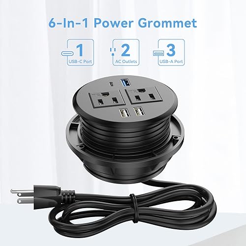 Miniatura 2 de BTU Ojal de alimentación de escritorio con PD de 20 W USB C de carga rápida, enchufe de alimentación empotrado con 2 salidas de CA, regleta de