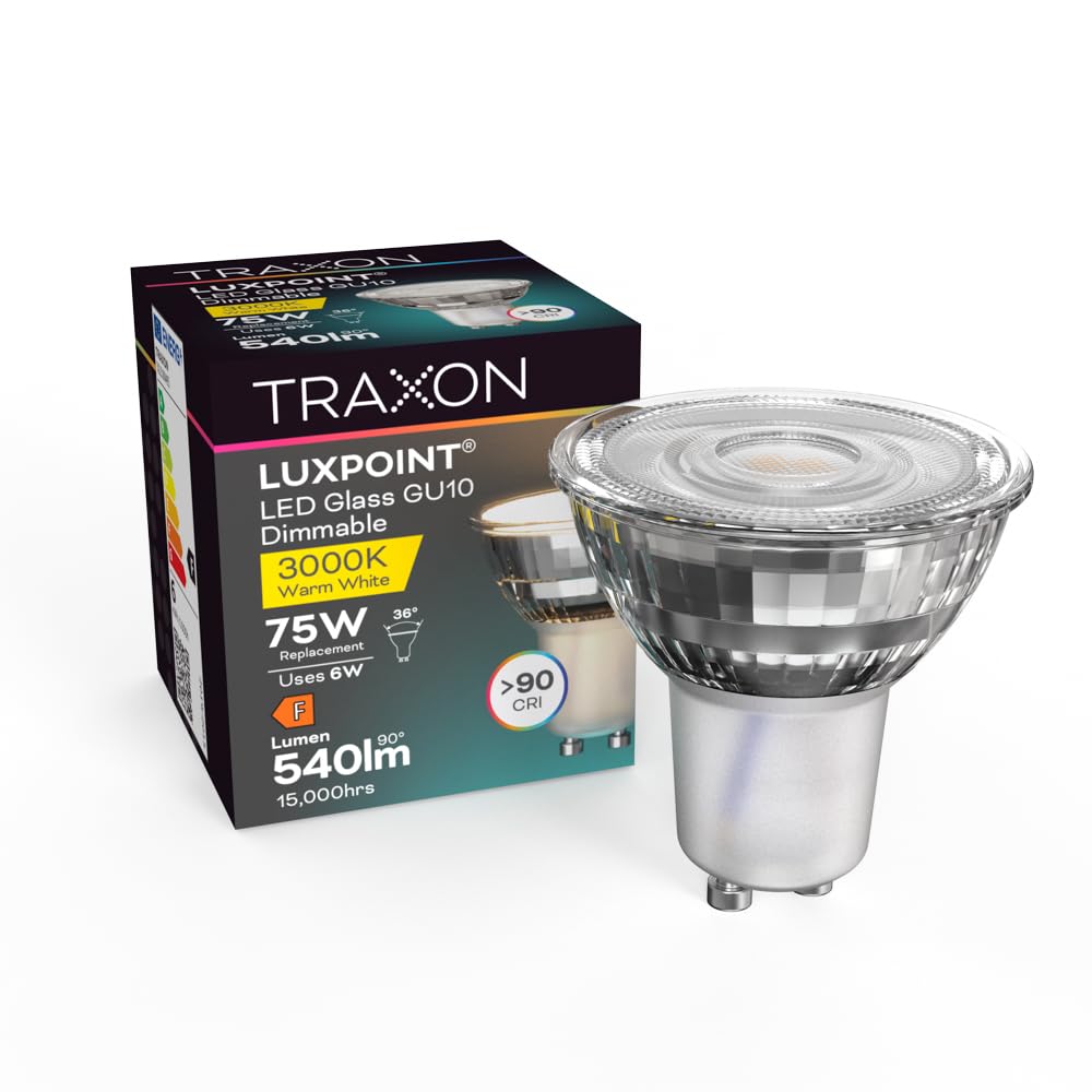 TRAXON LUXPOINT Bombilla LED GU10 Regulable Pack 20, 6W (Equiv. 75W), 540lm, Luz Cálida 3000K, Ángulo 36°, CRI>90, Bajo Consumo (6W DIM 3000K, Pack 20 und)