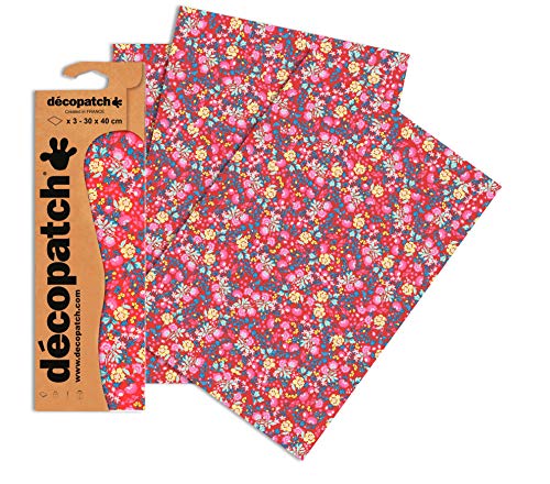 Clairefontaine ES Décopatch - Ref C751O - Paquete de papel con patrón floral rosa - Cada hoja de 30 x 40 cm, paquete de 3 hojas de papel - utilizado con pegamento y barniz Décopach, color rosa