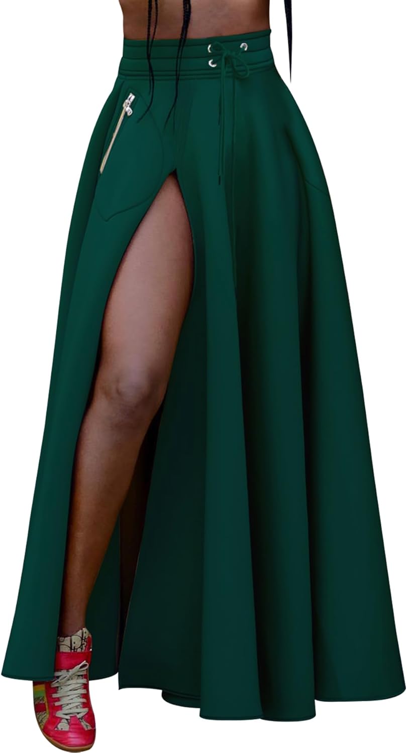 Seltaon Women's Tie Front High Waist Split Slit Pleated Maxi Skirt Casual Beach Flowy Swing Long Skirts with Pockets