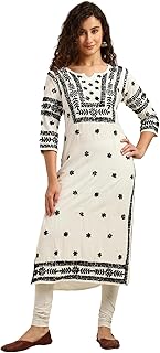 Nazaira Women’s Lucknow Chikankari Kurta | White Rayon Hand Embroidered Long Ethnic Kurti | Handmade Luckhnawi Embroidery ...