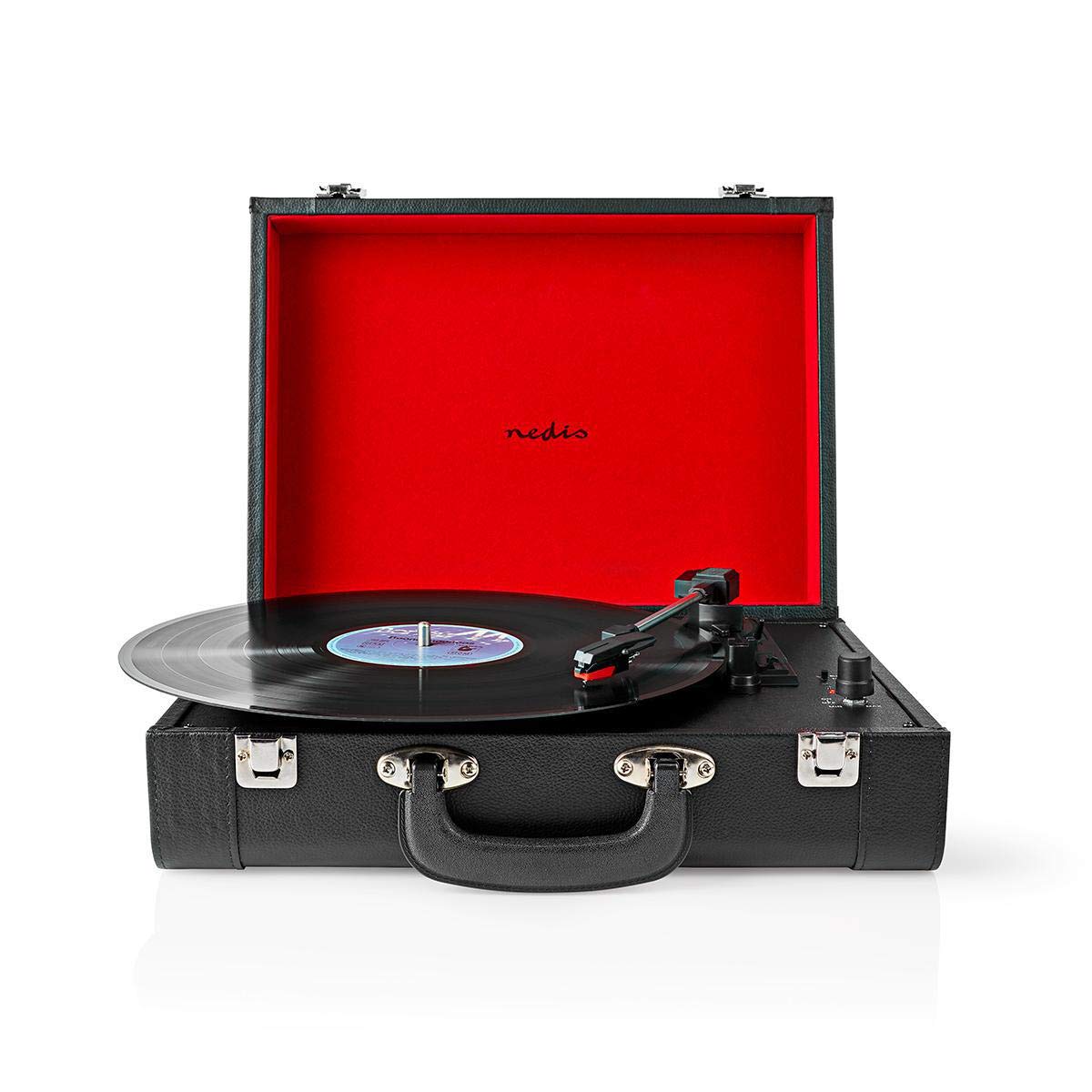 Giradischi - 33/45/78 giri/min - Trasmissione a cinghia - 1x Stereo RCA - 18 W - Amplificatore incorporato (anteriore) - MDF/PU - Rosso/Nero