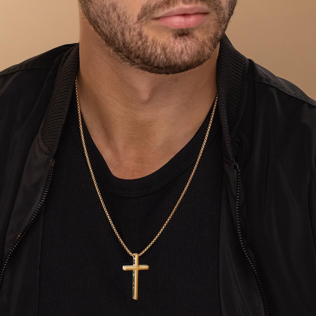 Avotto 316L Stainless Steel Bible Verse Cross Necklace Valentines Jewelry Gifts for Men Boys, Silver Gold Black Mens Boys Necklace Non-Fading Sturdy Box Chain with Inspirational Cross Pendant 18+2Inch - Image 2