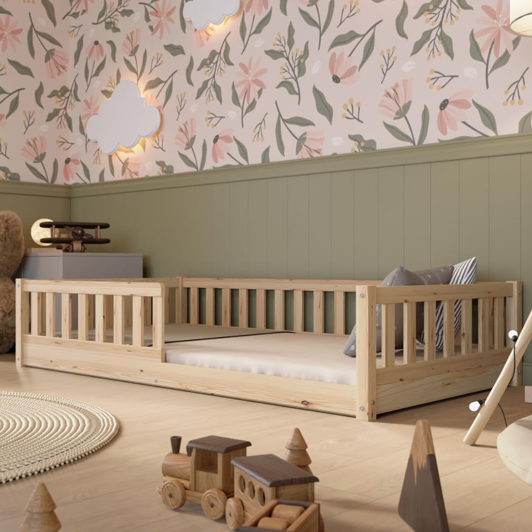 Letto per Bambini 190x90 cm – Letto Montessori a Pavimento in Legno Massiccio con Barriera – Sicuro per Bambini Piccoli – Design Scandinavo - Crazy Basic
