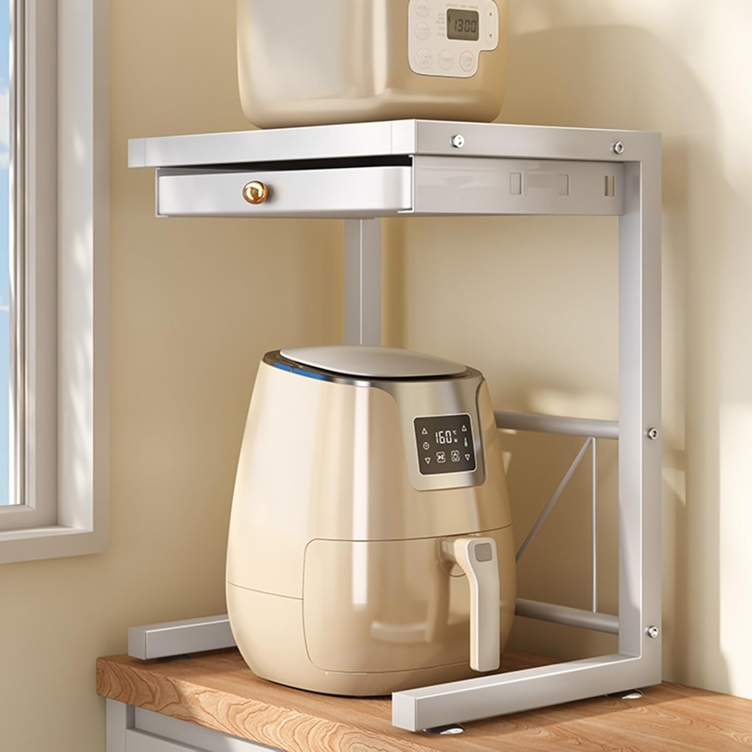 2-Tier Microwave Oven Rack with Drawer Toaster Stand for Kitchen，Storage Counter with 3 Hooks，White