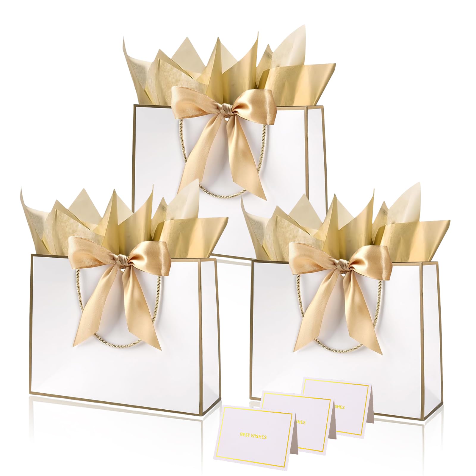 White Gold Paper Gift Bags with Handles,3pcs Medium Gift Bags for Presents,Wrapping Gift-Bag with Bow Ribbon Tissue Papers and Cards,28*20*10cm Wrapping Bag for Christmas Birthday Wedding Bridesmaid — image 1