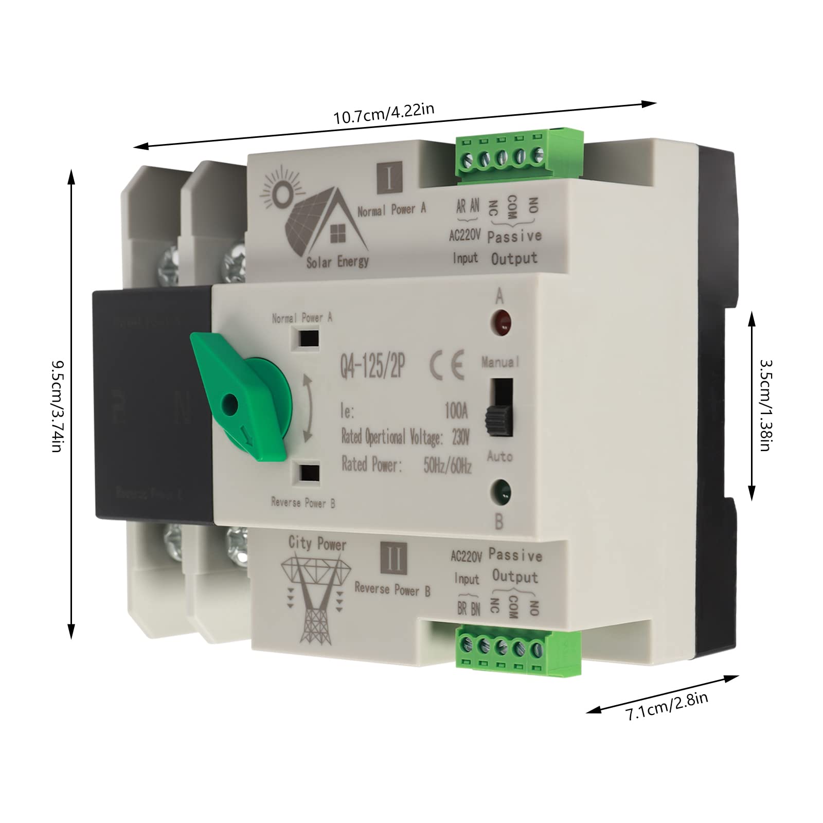 Automatischer Transferschalter, 2P 100A 230V, Automatic Dual-Power-Umschalter, Switch G2R Transfer Switch, Hutschiene Notstrom Netz Umschalter Netzumschalter für Strom, USV, Wechselrichter, Solar