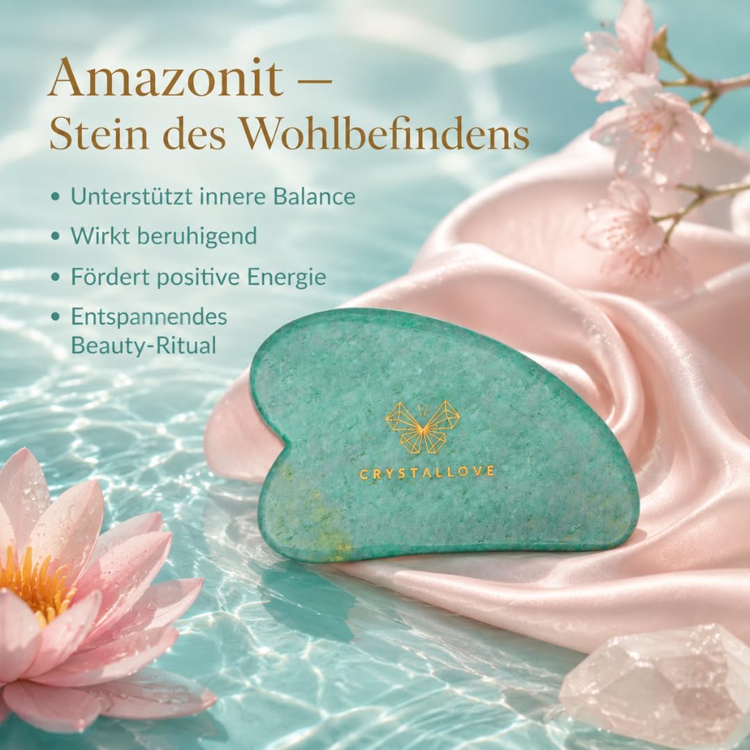 CRYSTALLOVE Gua Sha Stein aus Amazonit – Gesichtsmassage Tool Limited Edition – Gua Sha für Gesicht, Hals & Dekolleté – Lymphdrainage & Anti Aging Beauty Tool