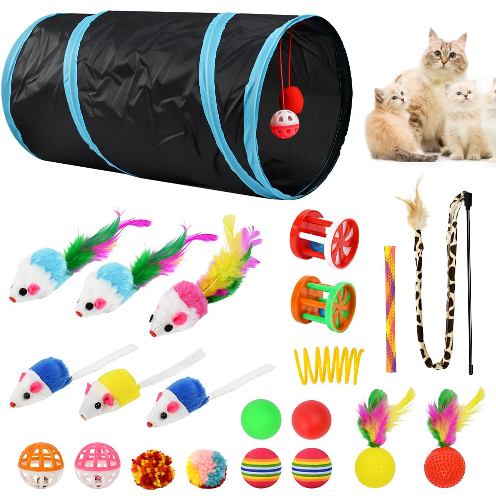Set di Giocattoli per Gatti con Tunnel,22 Pz Giochi per Gattini,Gioco Gatto da Interno Set con Topi,Bacchetta di Piume Palline e Campane ecc per Gattini, Cuccioli