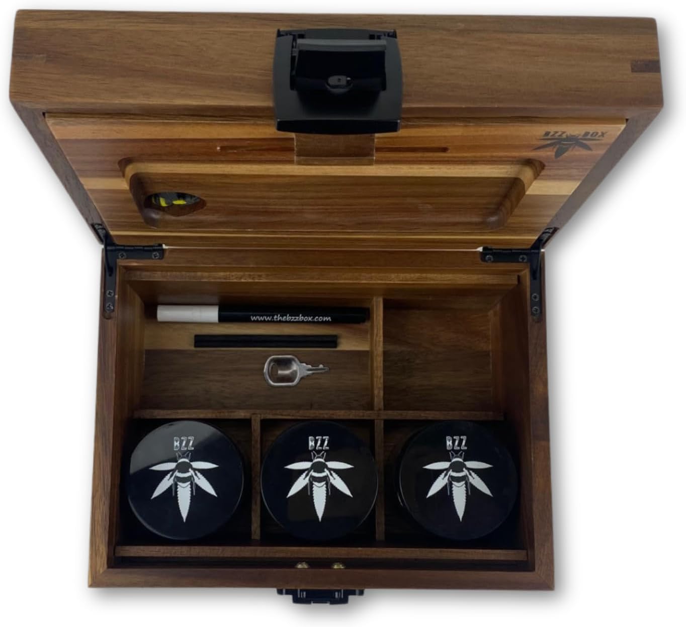 BzzBox Decorative OG Storage Box - Acacia, Lockable, with 3 Jars for Easy Storage | Your Stylish Keepsake Storage Box For Everything