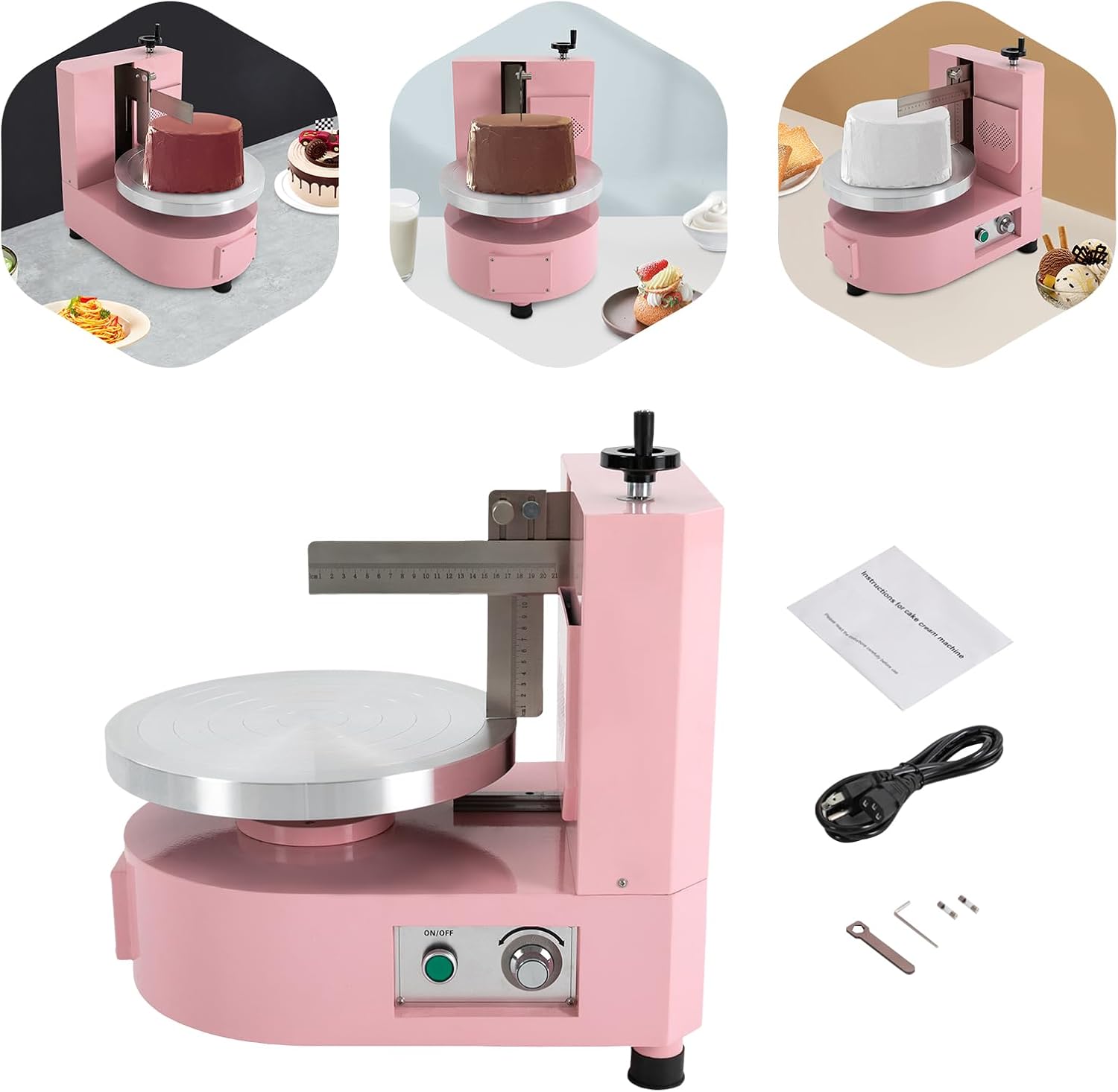 Electric Cake Decorating Machine, Automatic Cream Coating Spreading Smooth Machine Surface Scraper for 4-12 inch Cakes, Adjust Height (mechanical model 4-12 inches PINK)