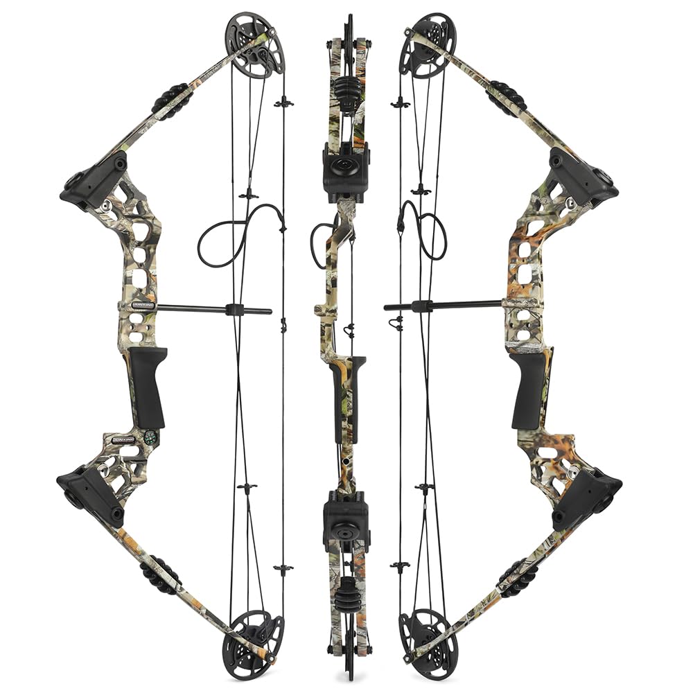 Set arco compound pronto per la caccia - Potenza di trazione 20-70 libbre, lunghezza di trazione 24“-30”, velocità 320 fps, completo di tutti gli accessori per la caccia e il tiro al bersaglio