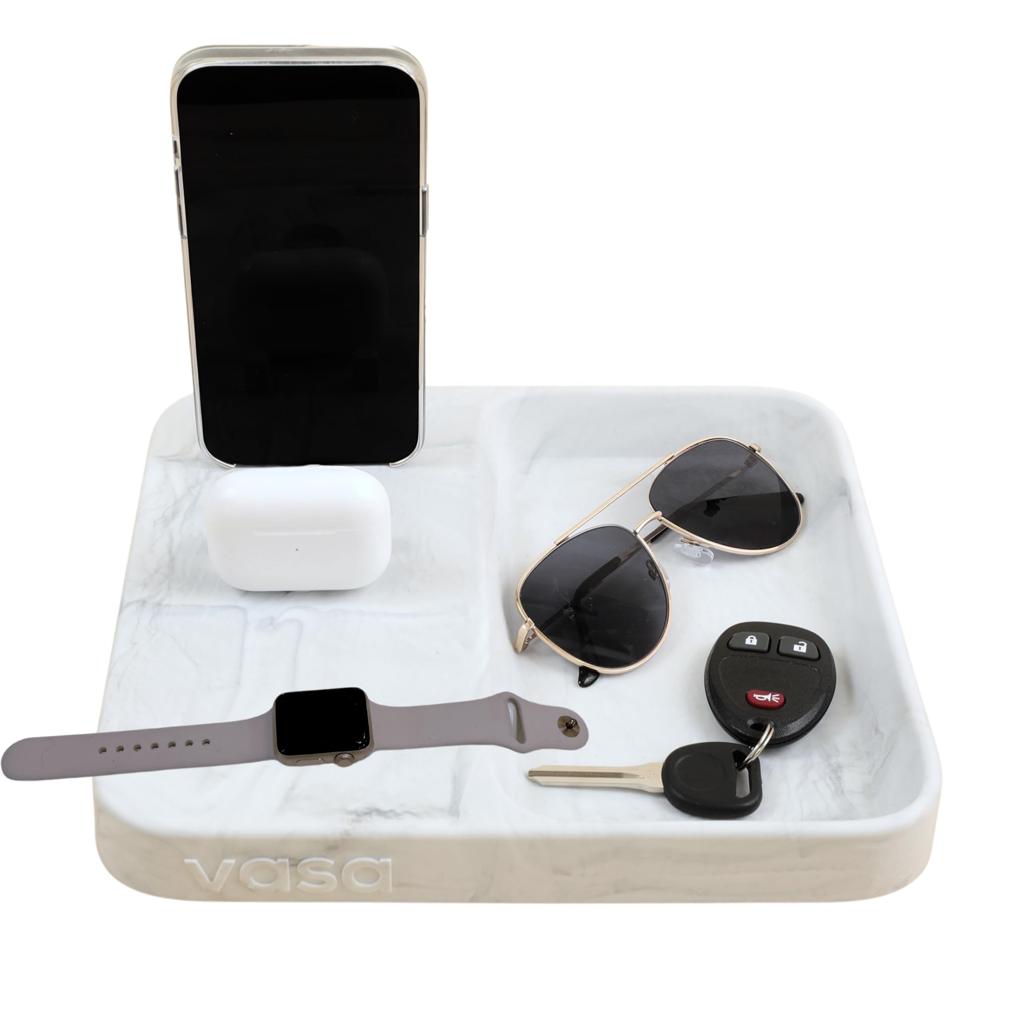 VASA Nightstand Organizer: Charging Docking Station Organizer with Valet Tray for Multiple Mobile Devices, Apple Watch, AirPods - Tech for Men and Women iPhone 15 14 13 12, and Apple Watch (Luna)