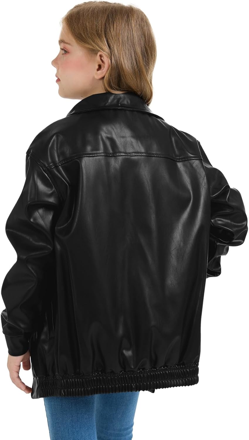 Girls Oversized Faux Leather Jackets Kids Zip Up Fall Winter Motorcycle Biker Coats Outerwear - Image 5
