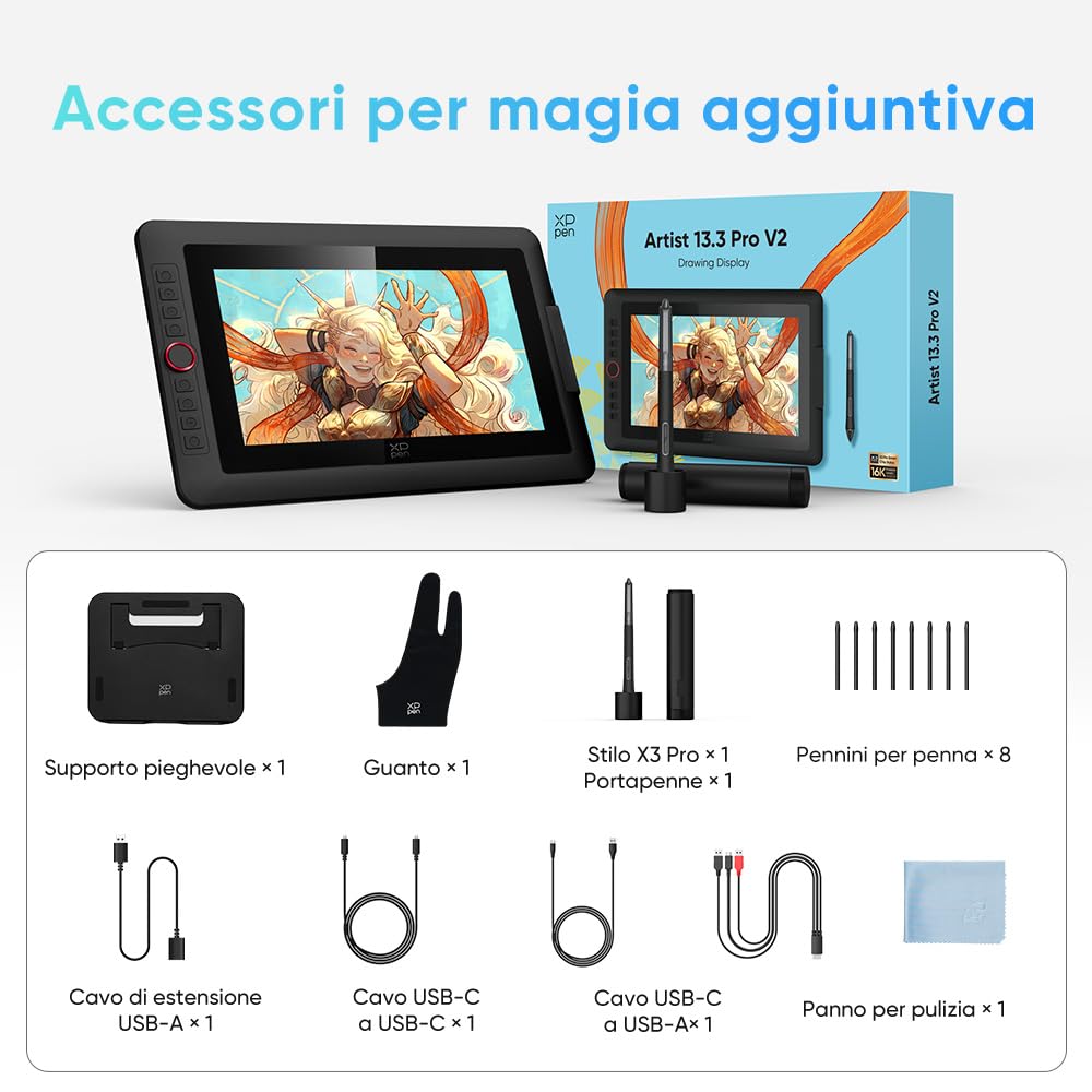 XPPen Tavoletta Grafica con Schermo Artist 13.3 Pro V2 display da 13,3 pollici, 16K livelli di pressione, 8 tasti rapidi con quadrante rosso, supporto incluso