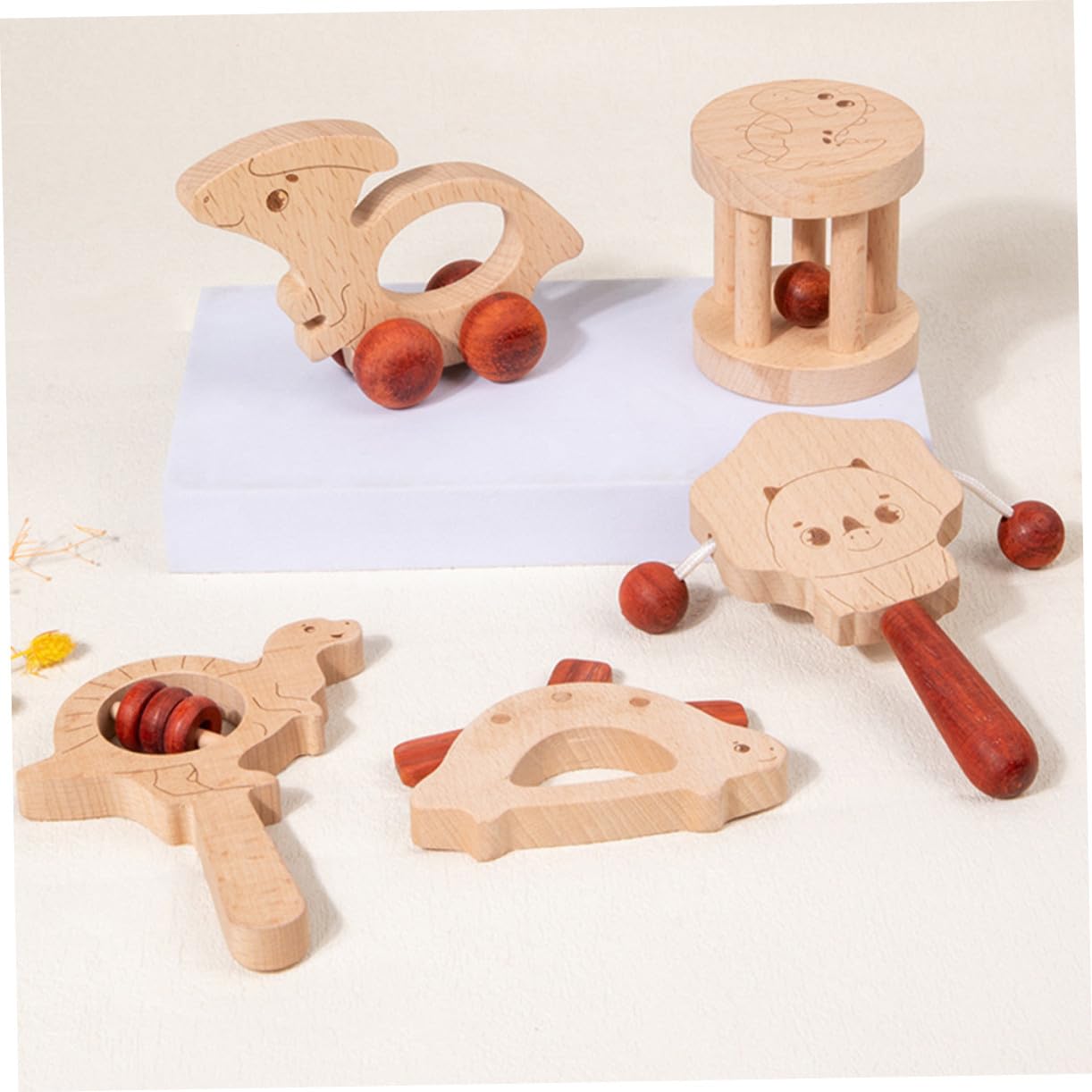 Sonagli in Legno per Ragazzo Ragazza, Set 5 Pezzi Beige, Giocattolo