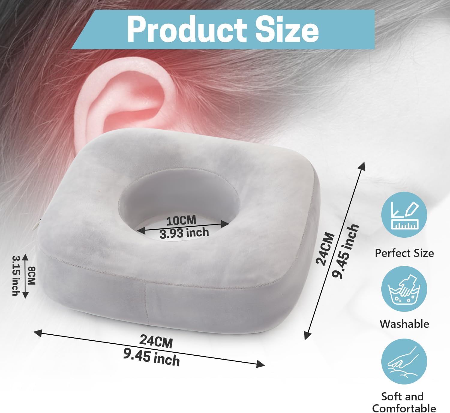 SWISSELITE Ear Piercing Pillow for Side Sleepers, Donut Pillow with 3.93" Ear Hole for CNH, Ear Pain, Ear Inflammation and Pressure Sores, Washable Ear Guard Pillow