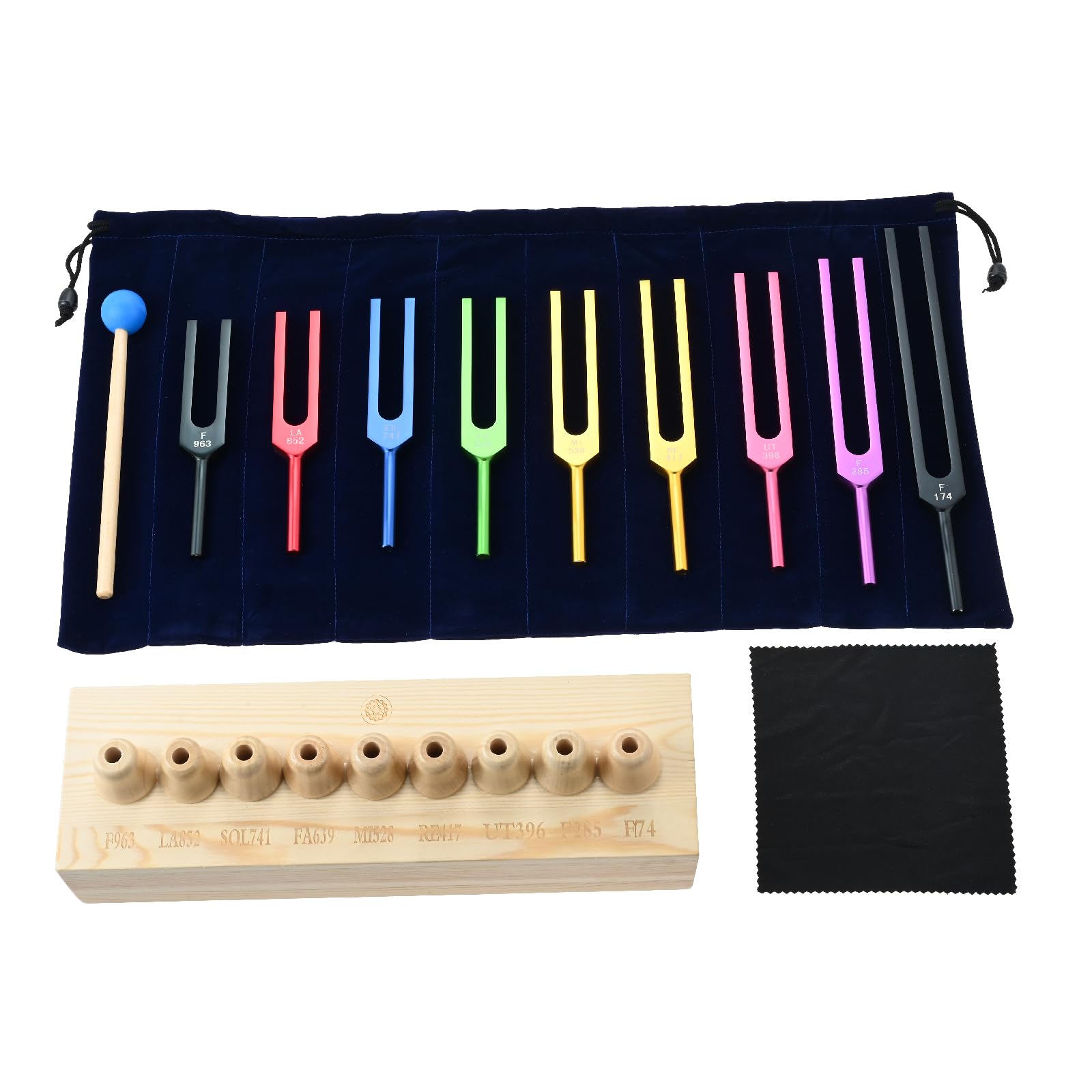 DRELD Buntes Solfeggio Stimmgabel Set mit Holzständer＋Hammer＋9 Stimmgabeln＋Tuch aus Aluminium für Heilmeditation Yoga Entspannung (174HZ, 285HZ, 396HZ, 417HZ, 528HZ, 639HZ, 741HZ, 852HZ, 963HZ)