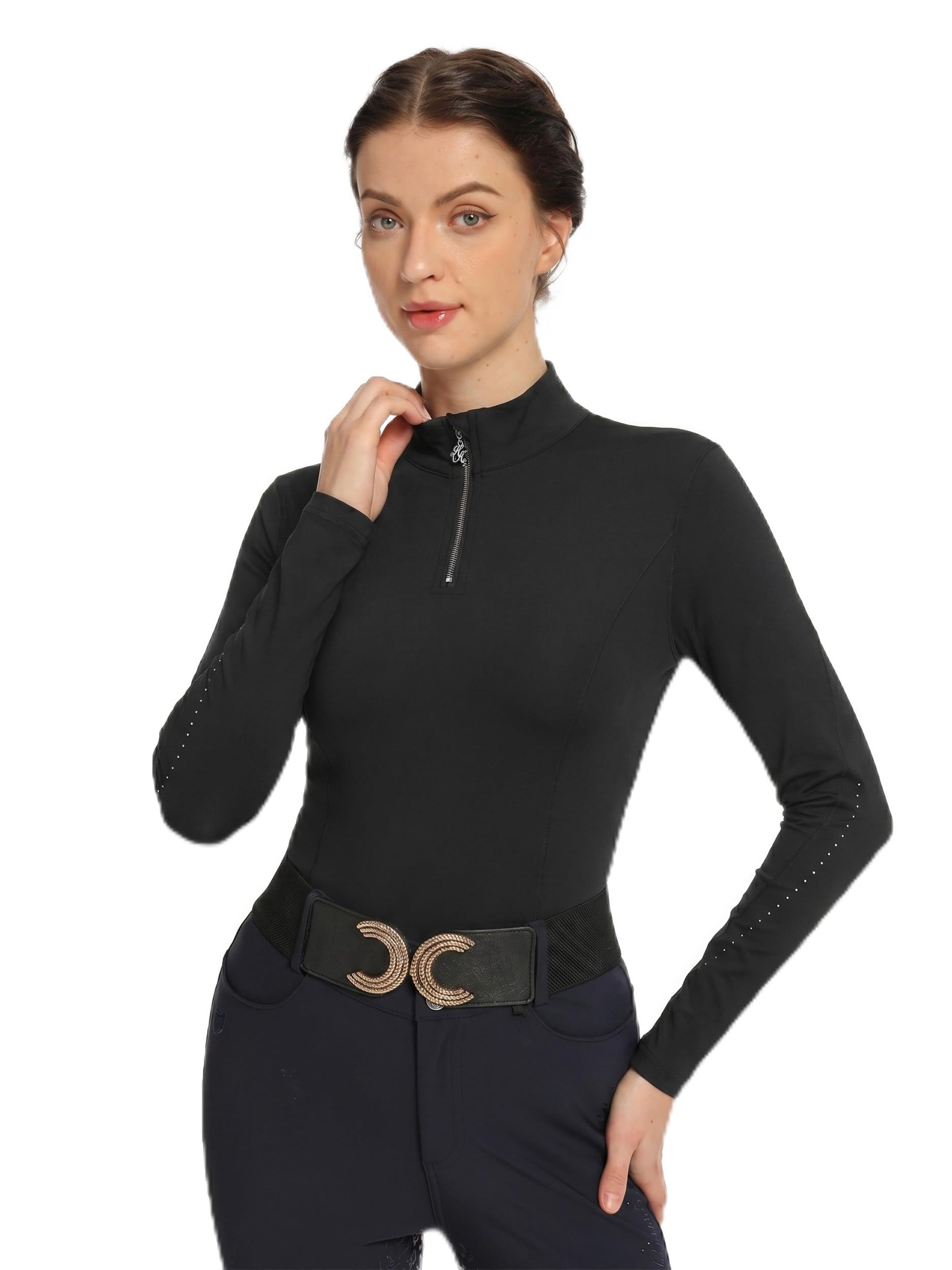 Harrison Howard Women's Horse Riding Shirts Long Sleeve Rider Top Stand Collar with Embroidery Equestrian Show Shirts
