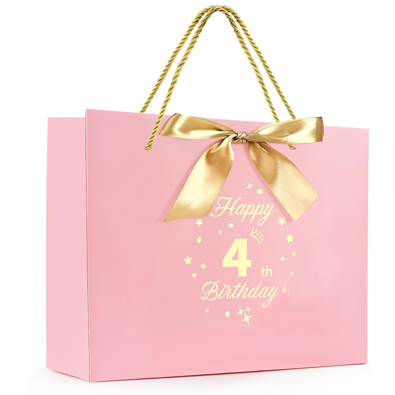 FUNCANDLE Pink Happy 4th Birthday Gifts Bag with Greeting Handles and Ribbon for Girls 4 Year Old Birthday Gifts Wrapping Bag for Party Favors Goodie
