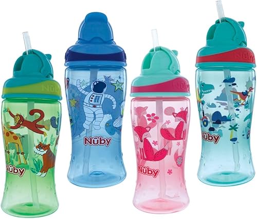 Miniatura 4 de Nuby Thirsty Kids Flip-it - Taza de refuerzo impresa con popote fino y suave, 12 onzas, más de 18 meses, 1 paquete de impresión puede variar