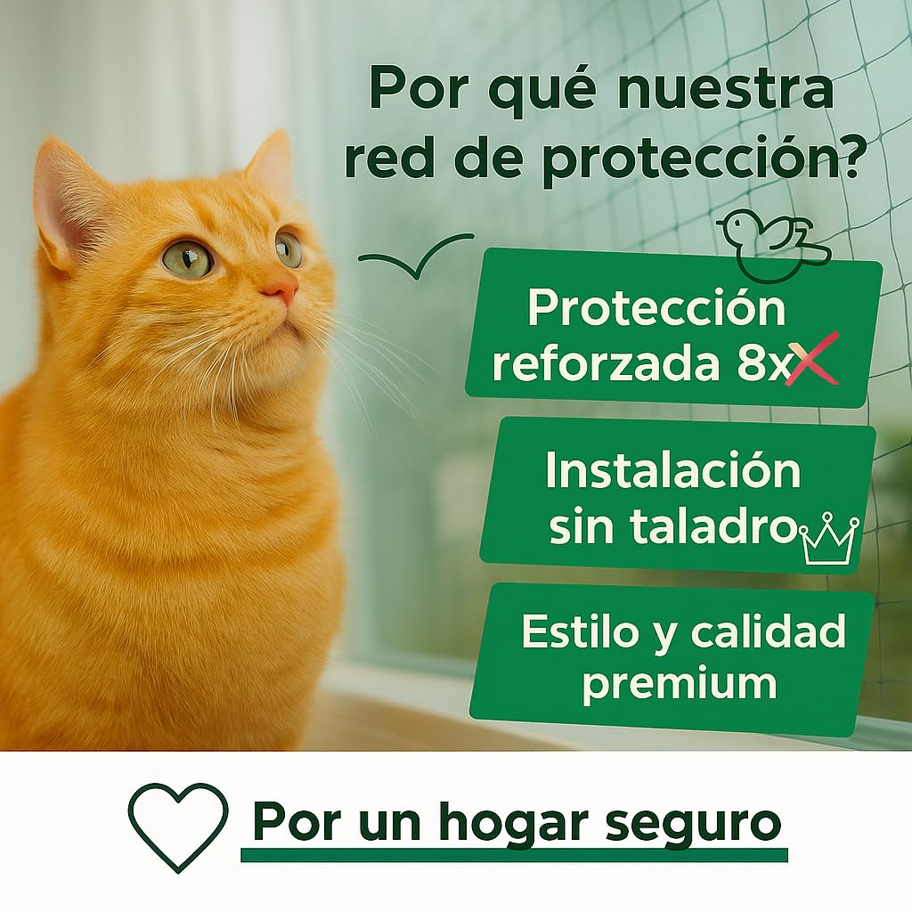 Red para Gatos Terraza Reforzada con Acero 8 x 3 m. con o SIN Taladro. Kit de Instalación Incluido Red para Gatos Ventanas y Balcones