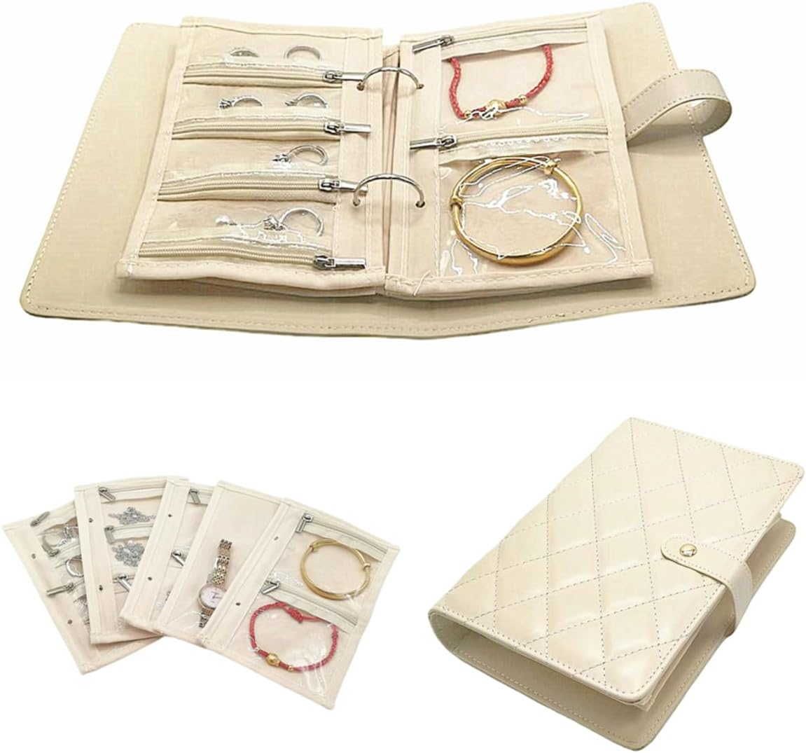 Travel Jewelry Organizer Case - Book Shaped Travel Organizer Bag for Bracelets, Necklaces, Bangles, Rings，Earrings，Small Jewelry Travel Case Gift for Women Girls -PRB023-Beige