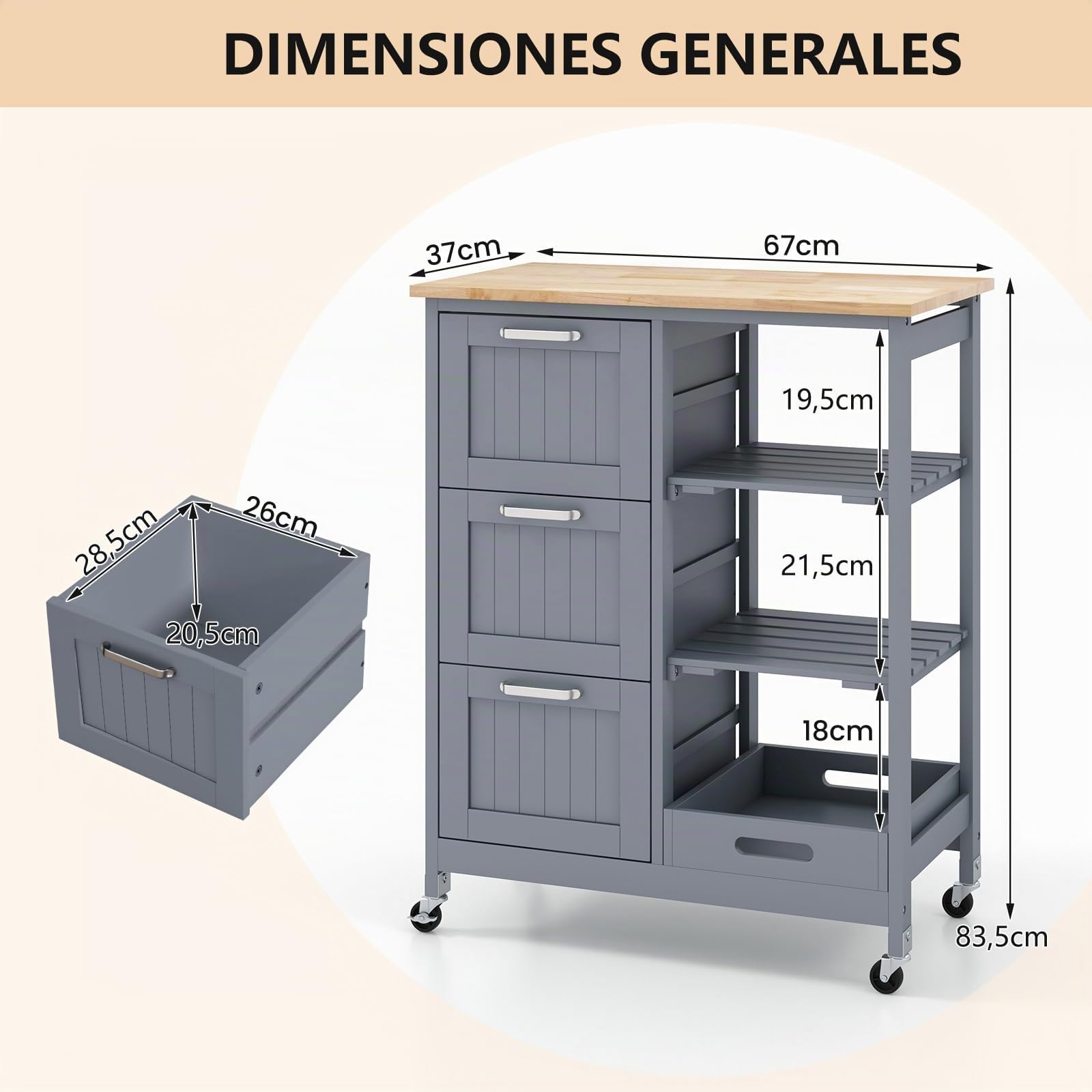 COSTWAY Carrito de Cocina con Ruedas Bloqueables, Carrito de Servicio Multiuso con 2 Estantes Abiertos y 3 Cajones, Bandeja Extraíble, Carro Auxiliar de Madera para Cocina y Comedor (Gris)
