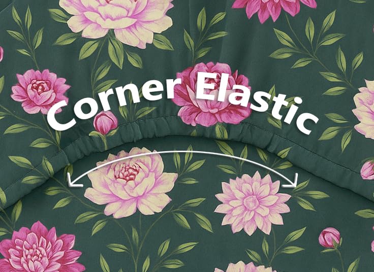 Image of HOMEKART 120 TC Cotton Rich Elastic Corner Fitted Bedsheet with 2 Pillow Covers | Double Bed 72x68+6 Inches | Wrinkle-Free, Super Soft & Breathable Floral Design | Dark Green & Pink
