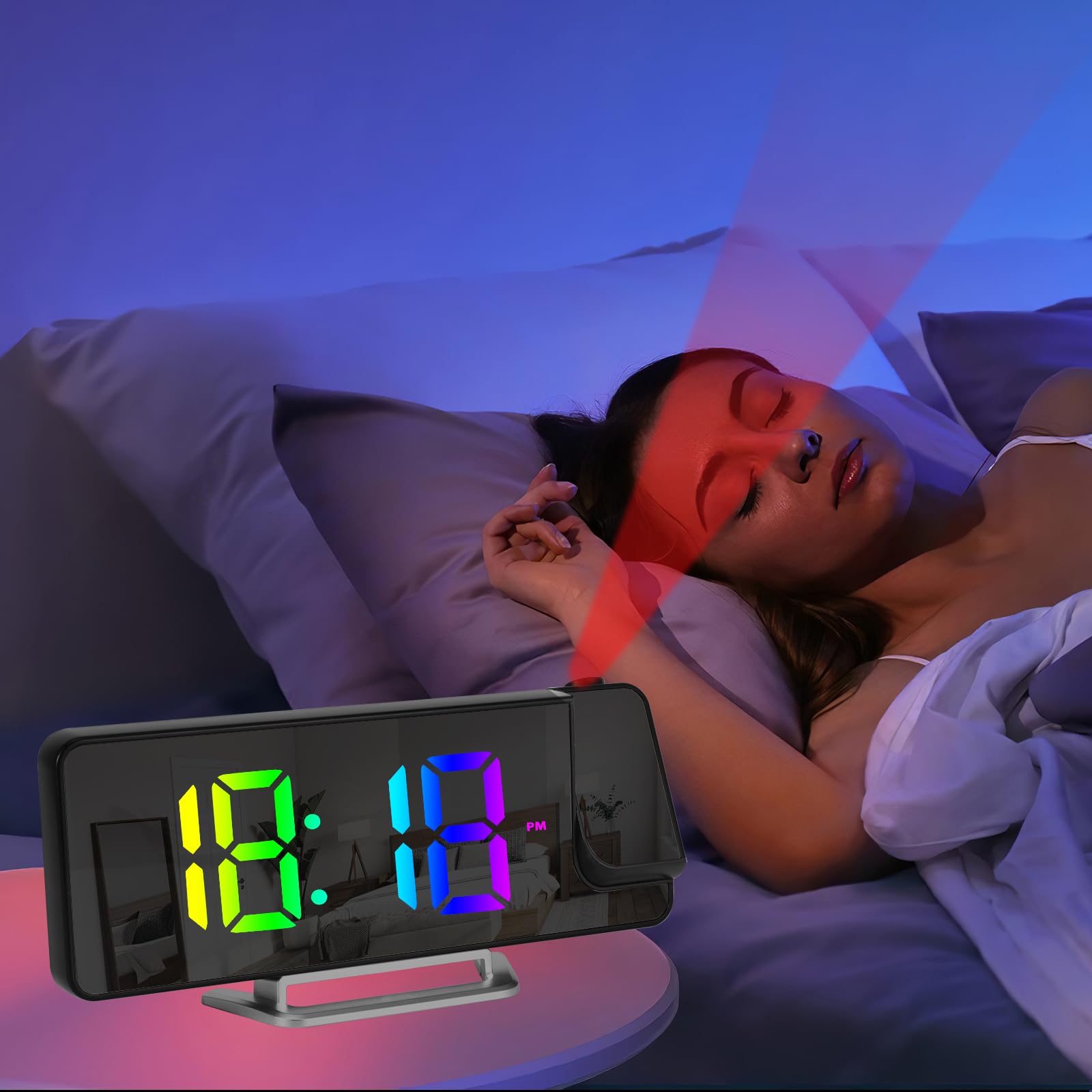 Sveglia con Proiettore, Orologio Digitale 8,1" RGB, 3 Livelli di Luminosità, Proiezione Regolabile a 180°, Orologio con Termometro, Doppia Sveglia 12/24H, Display LED, Ricarica USB