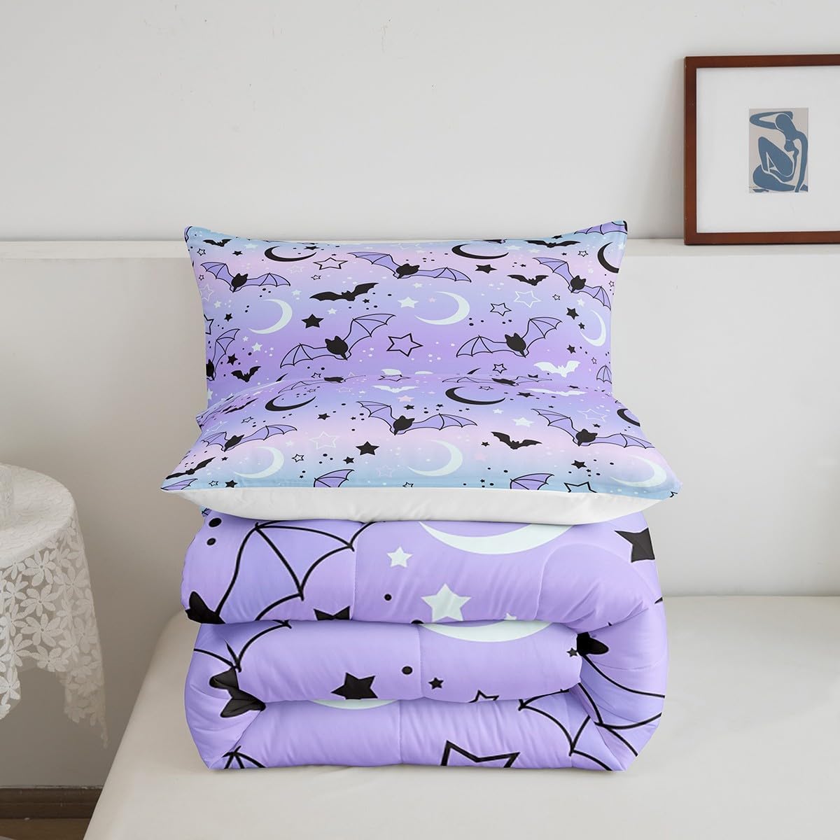 Bats Pattern Comforter Set,Star and Moon Bedding Set for Kids Girls Women,Adults Colorful Gradient Comforter,Purple and Pink Quilted Duvet Set Bedroom Collection Twin Size 2Pcs