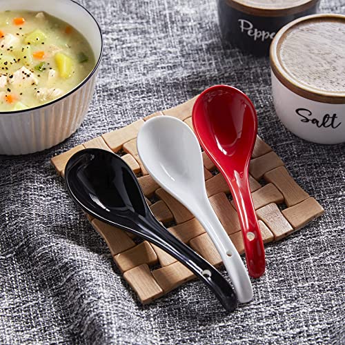 Asian Soup Spoons Ceramic, 6.75 Inch Large Chinese Soup Spoons Set, Ramen Spoons White Japanese Soup Spoon For Wonton Pho Dumpling, Big Scoop & Hook Design, Dishwasher Safe, Set Of 6 #TOP6