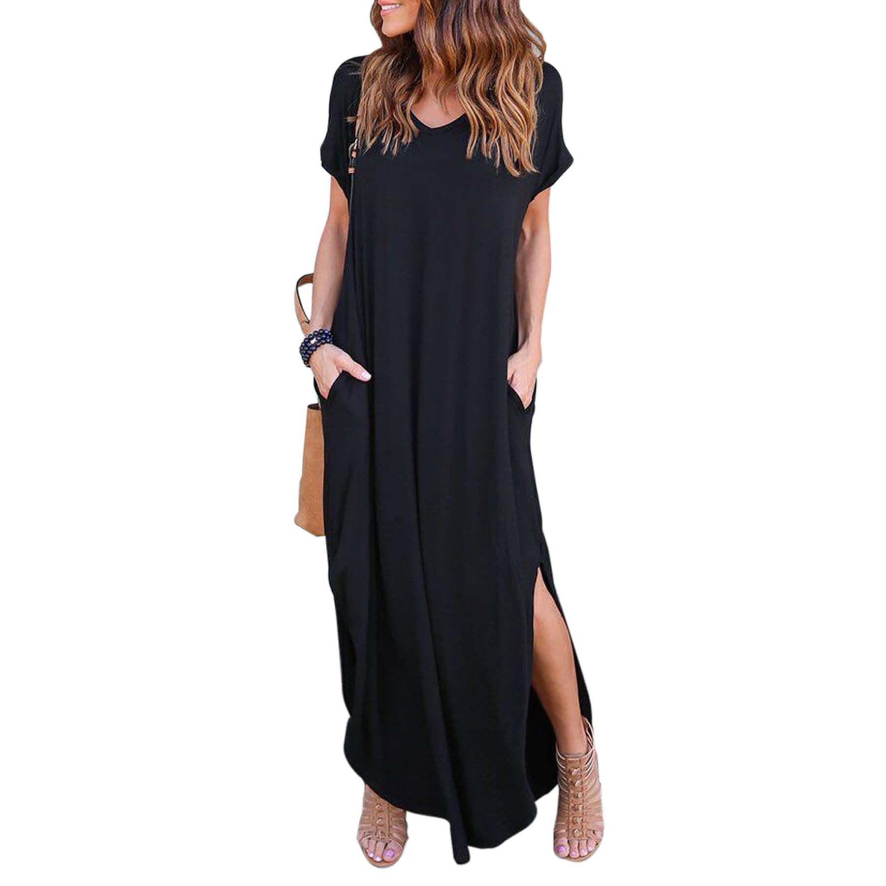 AOWVUTS Vestido Largo Mujer Verano Maxi Vestido Manga Corta Cuello V con Hendidura Informal Vestido de Playa Suelto Vestido T-Shirt Casual con Bolsillos