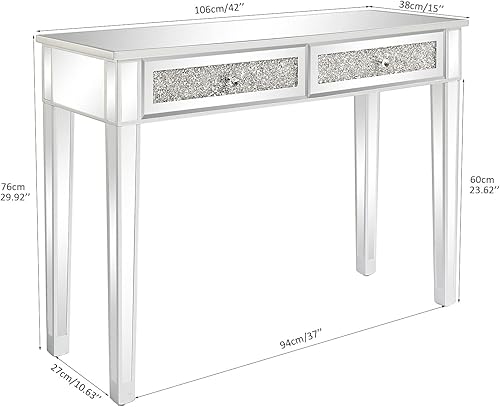 Miniatura 4 de SSLine Mesa de tocador de maquillaje con espejo, mesa auxiliar moderna para sofá, mesa auxiliar con espejo, mesa de tocador con 2 cajones, mesa de