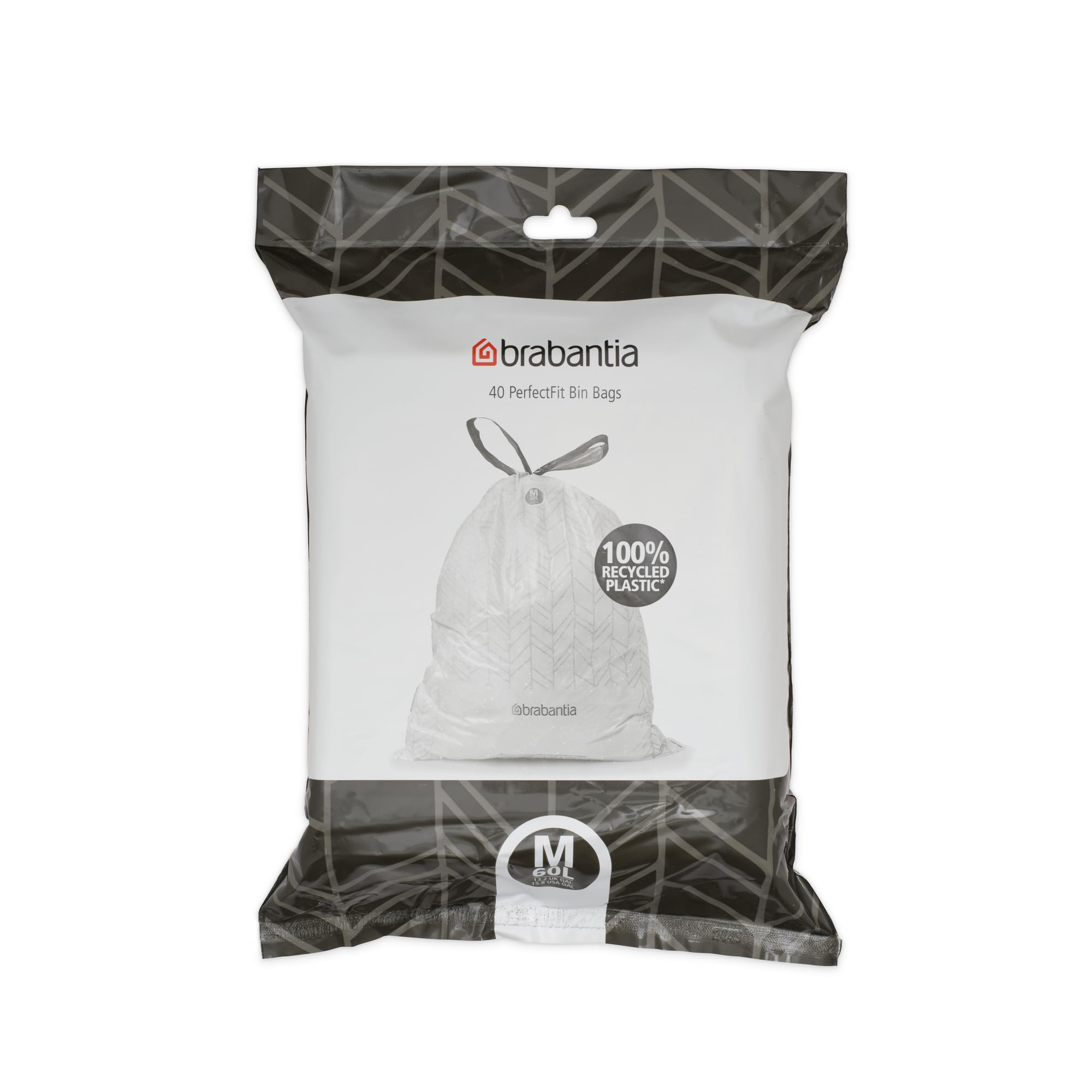Brabantia 138829 PerfectFit Bin Liners (Size M/60 Litre) Thick Plastic Trash Bags with Tie Tape Drawstring Handles (40 Bags), White