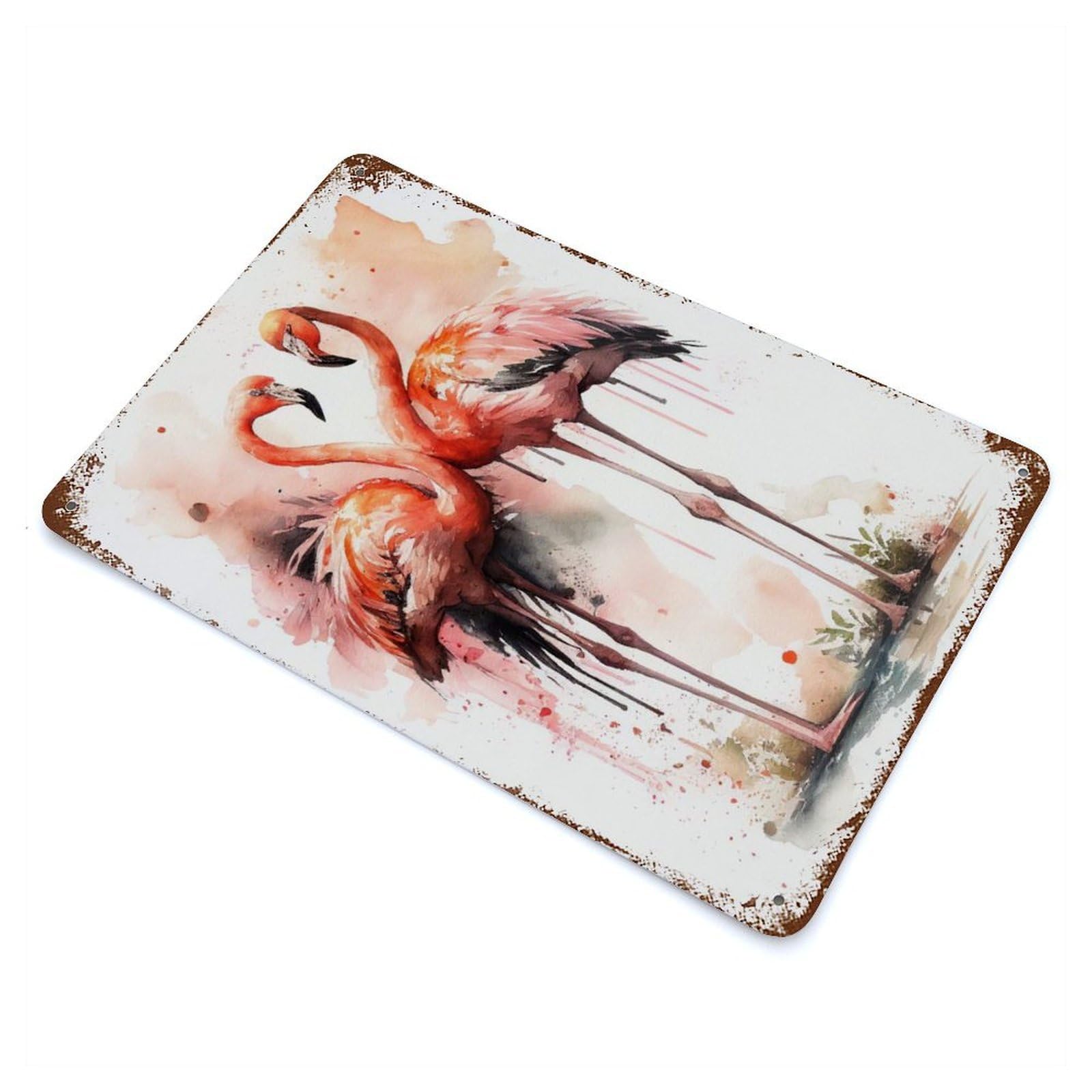 Two Flamingos Watercolor Decorative Tin Sign 11.8"x7.9", for Bistro, Counter And Cafe Decor, Retro Wall Decor