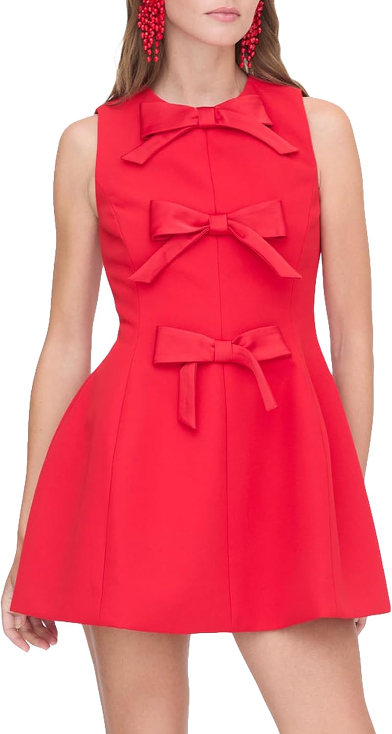 Women's Bow Front Mini Dress Sleeveless Crewneck Cute Cocktail Party Dress for Birthday Valentine's Day