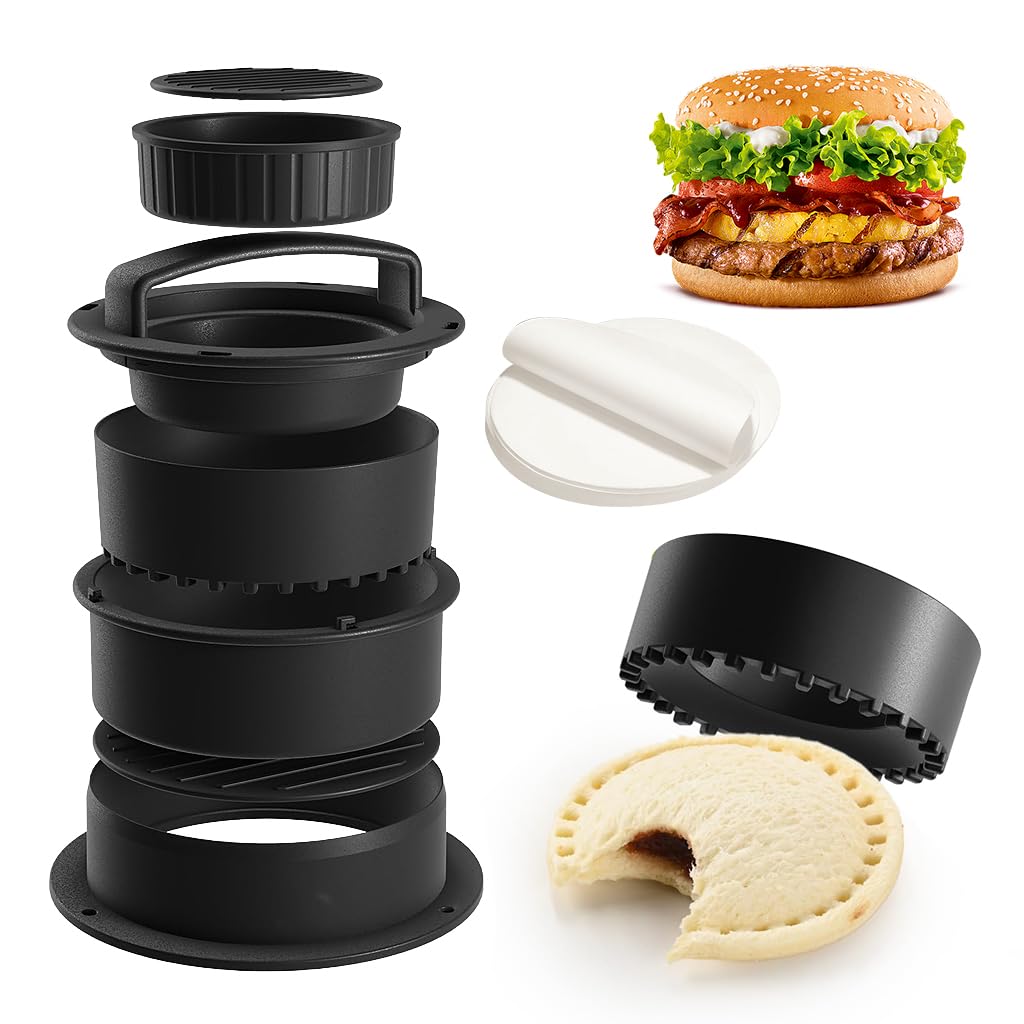 HASTHIP® 4 in 1 Stuffed Burger Press Sandwich Maker Sealer Burger Maker Ring Mold Press Multi Size Burger Patties Press Stackable Kitchen Burger Patty Shaper with 100 Pcs Non-Stick Patty Papers