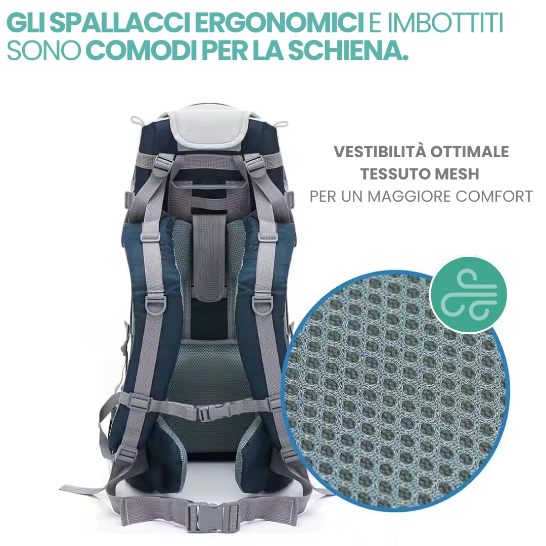 Fillikid Zaino Porta Bambino Montagna, con Protezione Sole, Cintura - Zaino Trekking Porta Bambino e Neonati da 6 Mesi Fino a 18 kg - Blu, grigio