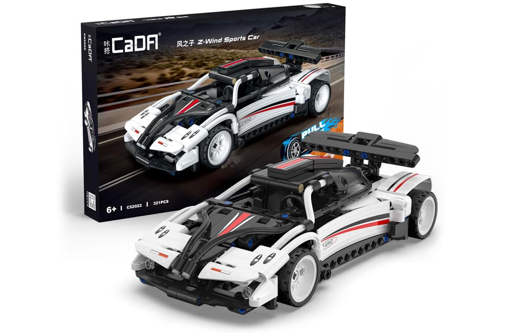 CaDA Black & White Z-Wind Pull-Back Sports Car - 321 Pieces - Self-Build Brick Building Block Model C52022W - Image 3