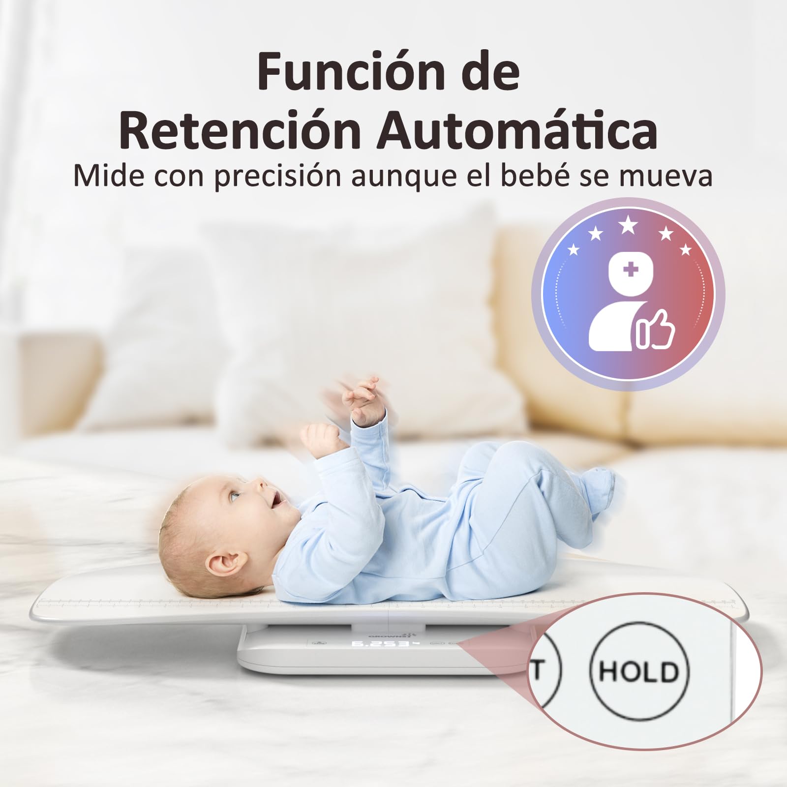 Grownsy Báscula Bebé Digital con Plataforma Extraíble, Máx. 150 kg, 5 Modos de Pesaje, LED Báscula para Mascotas con Función de Retención, Báscula para Adultos, Medición de Altura Hasta 70 cm