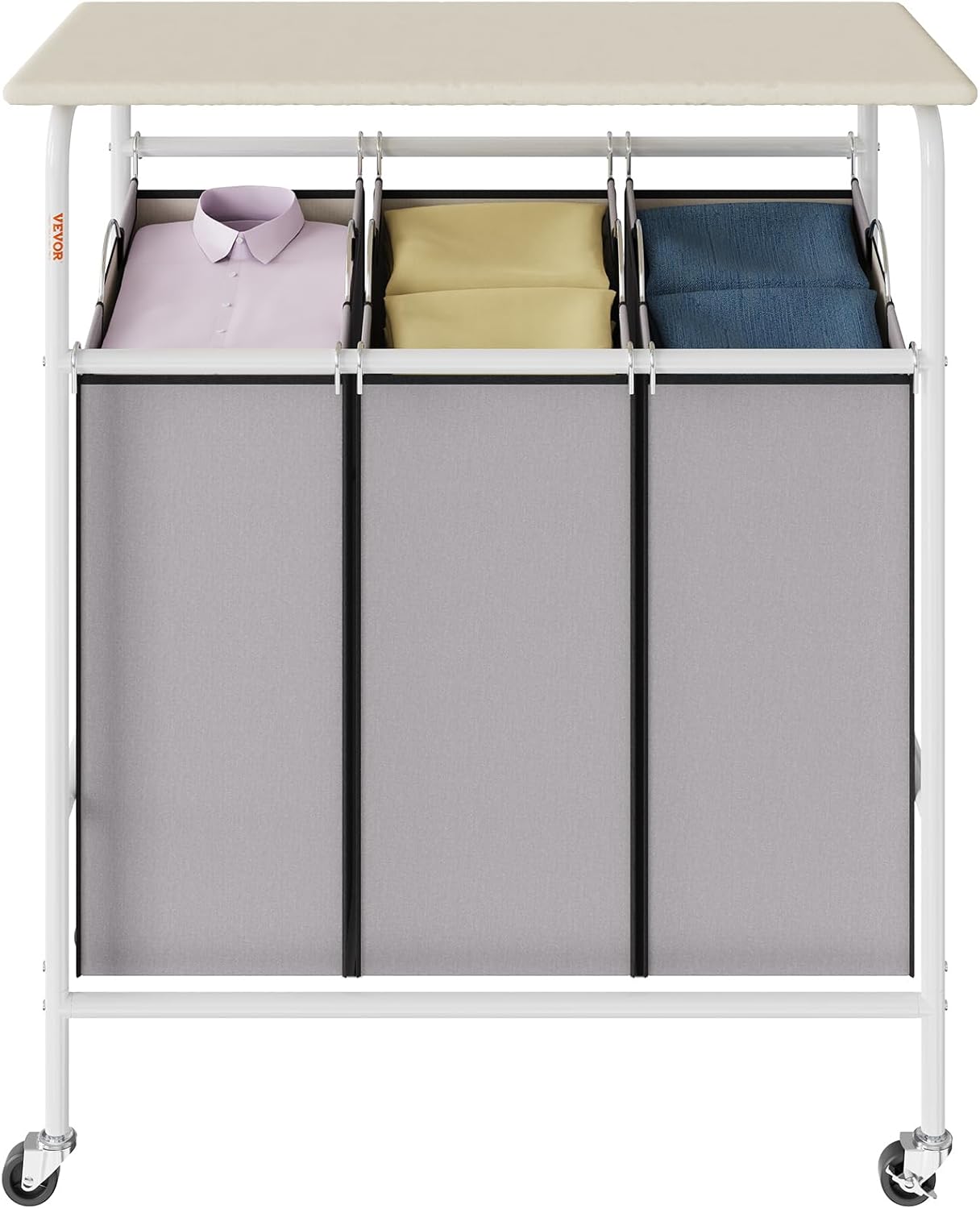 Gray 3-Section Laundry Sorter Cart with Ironing Board