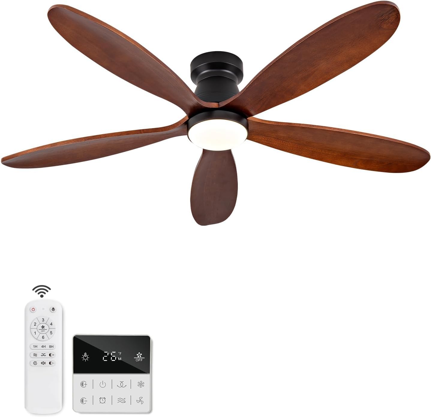 48 Inch Ceiling Fans with Lights and Remote, Low Profile Flush Mount Modern Wood Ceiling Fan with Light, 5 Blades, Dimmable, Wall Switch, 6 Speed DC Motor Deep Walnut Flush Mount 48 inch
