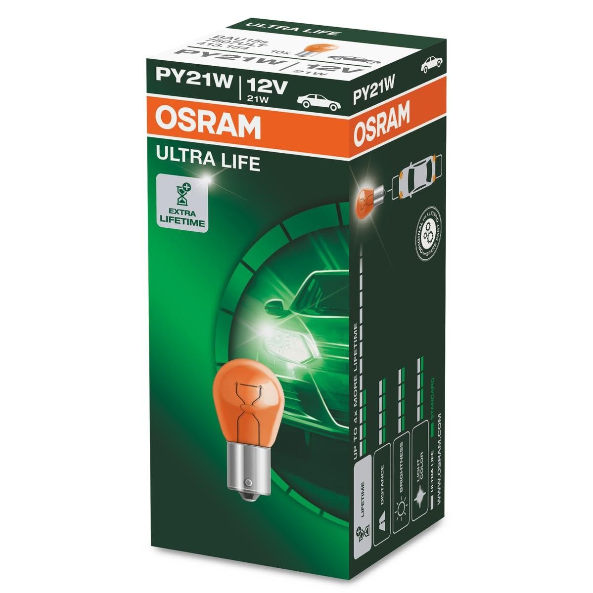 OSRAM ULTRA LIFE PY21W, Lámpara de señalización halógena, luz intermitente, 7507ULT, automóvil de 12 V, estuche (10 unidades)