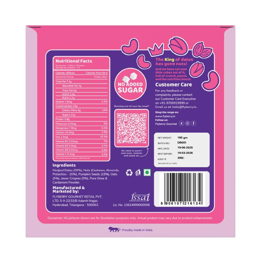 Flyberry Gourmet Medjool Date and Dry Fruit Bites 160 gm I Date Barfi Made with Dates, Cashews, Almonds, Pista, Pumpkin Seeds, Oats, Jowar and Pure Ghee I Dry Fruits Nuts, Natural Energy Snacks, Healthy Snacks Sweets | No Added Sugar | 6g Protein per serving 1